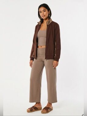 Anthony Richards Full Zip Sweatshirt Jacket Leopard Print Brown Women XLP Petite
